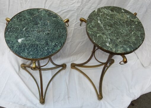 1950/70 Pair of Pedestal Table in Gilt Bronze With Top in Green Marble in  the Style of Maison Jansen