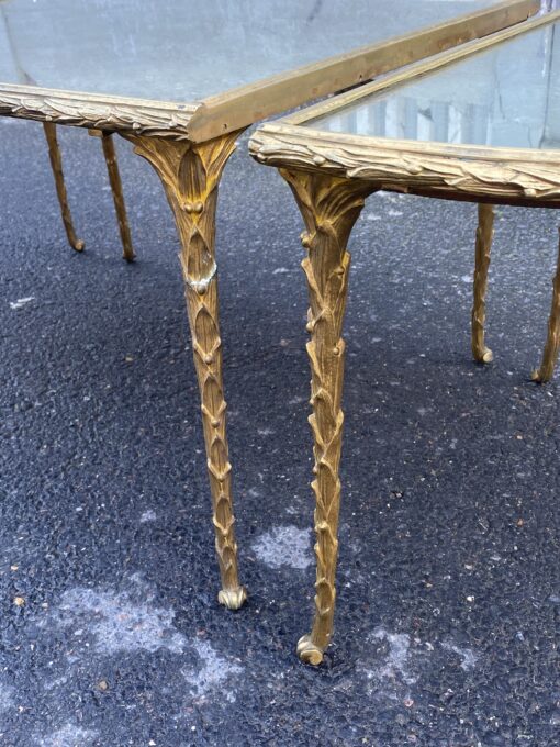 1970′ Tripartite Table Maison Charles, Jansen Or Baguès Palm Tree Decor in Gilt Bronze with Aged Mirror Trays - Image 15