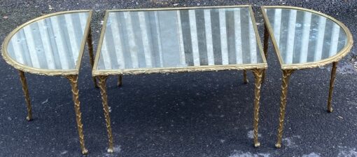 1970′ Tripartite Table Maison Charles, Jansen Or Baguès Palm Tree Decor in Gilt Bronze with Aged Mirror Trays