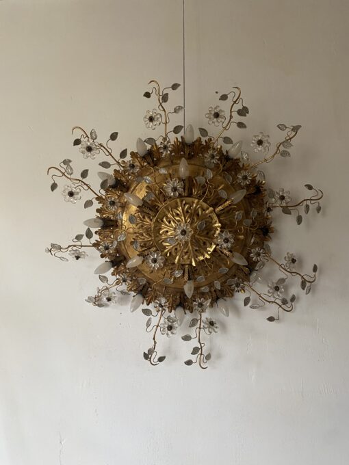 1970′ Ceiling Light or Wall Lamp with Leaf Decor in Metal and Glass Maison Baguès Ou Banci Ø 110 cm - Image 12