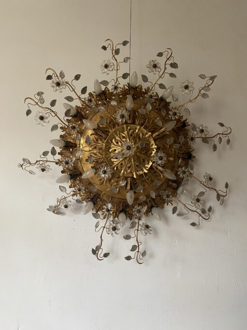 1970′ Ceiling Light or Wall Lamp with Leaf Decor in Metal and Glass Maison Baguès Ou Banci Ø 110 cm