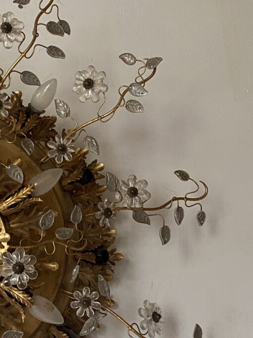 1970′ Ceiling Light or Wall Lamp with Leaf Decor in Metal and Glass Maison Baguès Ou Banci Ø 110 cm - Image 6