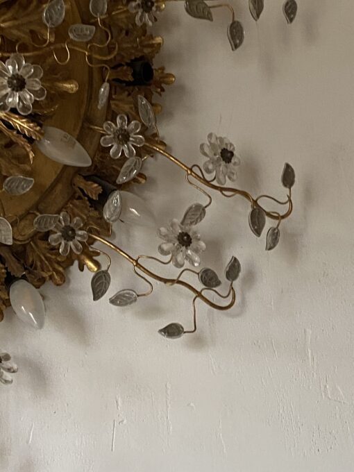 1970′ Ceiling Light or Wall Lamp with Leaf Decor in Metal and Glass Maison Baguès Ou Banci Ø 110 cm - Image 5