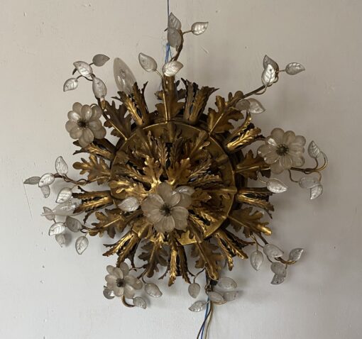 1970′ Ceiling Light or Wall Lamp with Leaf Decor in Metal and Glass Maison Baguès Ou Banci Ø 60 cm