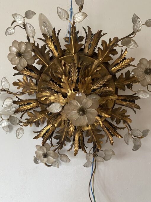 1970′ Ceiling Light or Wall Lamp with Leaf Decor in Metal and Glass Maison Baguès Ou Banci Ø 60 cm - Image 9