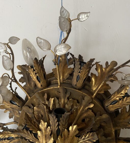 1970′ Ceiling Light or Wall Lamp with Leaf Decor in Metal and Glass Maison Baguès Ou Banci Ø 60 cm - Image 8