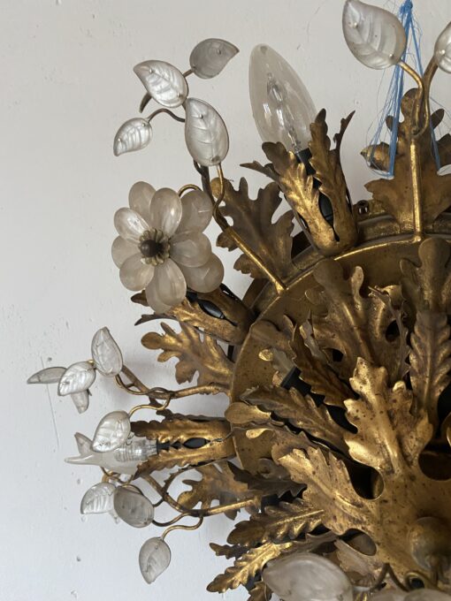 1970′ Ceiling Light or Wall Lamp with Leaf Decor in Metal and Glass Maison Baguès Ou Banci Ø 60 cm - Image 7