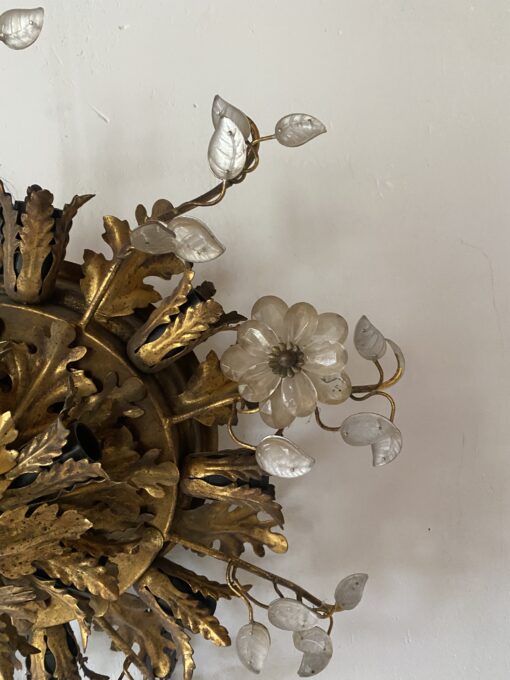 1970′ Ceiling Light or Wall Lamp with Leaf Decor in Metal and Glass Maison Baguès Ou Banci Ø 60 cm - Image 6