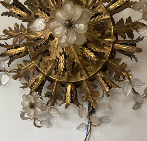 1970′ Ceiling Light or Wall Lamp with Leaf Decor in Metal and Glass Maison Baguès Ou Banci Ø 60 cm - Image 5