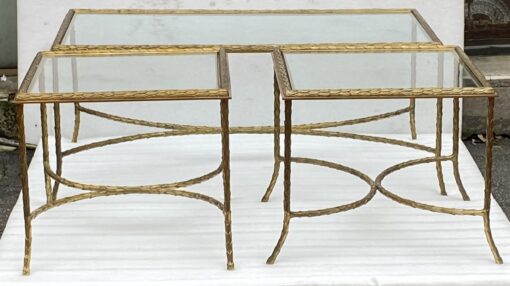 1970′ Coffee Table And Its 2 Bronze Sofa Ends Palm Tree Model, Maison Charles, Double Arc Spacer 105 x 55 x H 42 cm