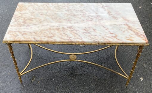 1950/70′ Table Basse Bronze Doré, Plateau Marbre Ou Onyx Maison Bagués Modéle Palmier 50 X 96 X H 51 cm